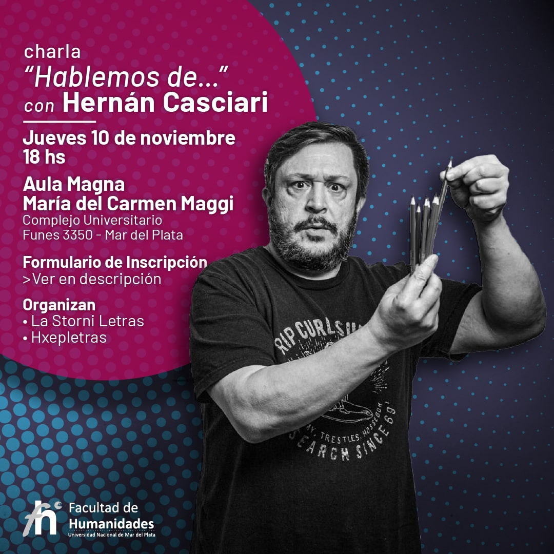 📢 Hernán Casciari en la FH 🤩
👉Invitamos a toda la comunidad a participar de la charla. 🙂 La actividad es gratuita y será coordinada por estudiantes, graduadxs y docentes del Depto. de Letras ✍️Inscripción: forms.gle/Hb7W34LFLqYwiU…
#veniacharlarconcasciari <a href="/casciari/">Hernán Casciari</a>