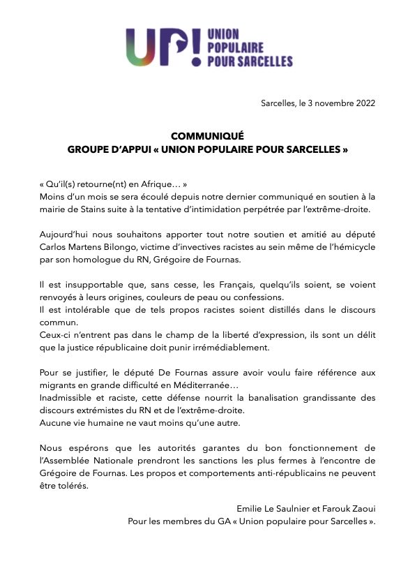 LFIsarcelles's tweet photo. Tout notre soutien à @BilongoCarlos . De tels propos ne peuvent être tolérés ni à l’Assemblée Nationale, ni ailleurs. https://t.co/mvnOgGoj57