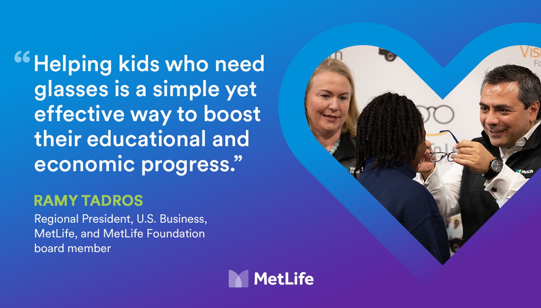 MetLife's tweet photo. MetLife recently joined volunteers from @VisionToLearn to present students in Newark, NJ with new glasses. The event brought vision screenings to students, getting them the glasses they need to succeed. Join us by volunteering with purpose in your community. #AllTogetherPossible https://t.co/aOSzN9QaFl