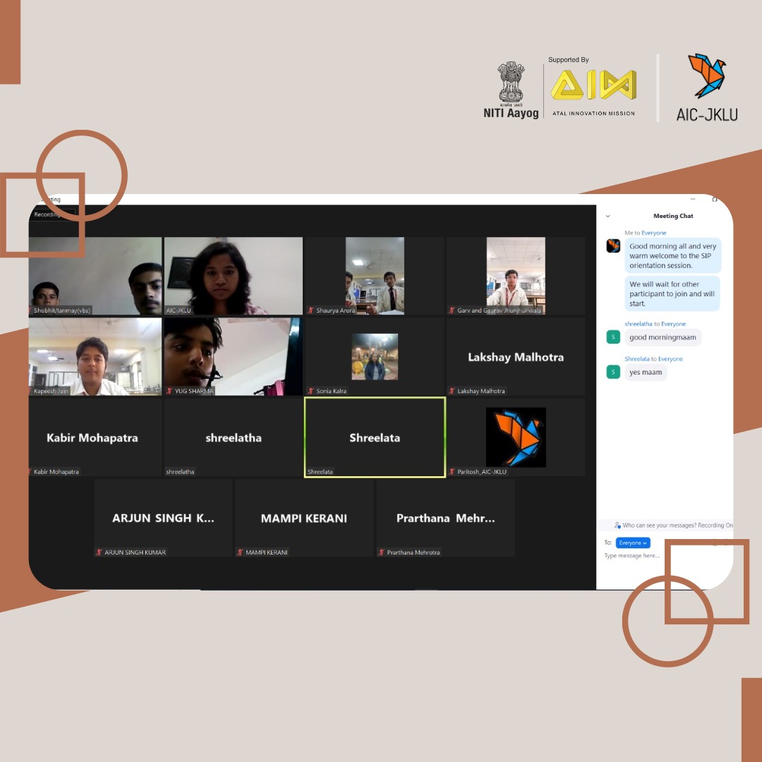 AicJklu's tweet photo. #SIP2022
AIC-JKLU has successfully hosted a Virtual SIP Orientation Session, on 4th November 2022 from 11:00 AM to 12:00PM. It has been attended with over 22 participants, includes 8 teams, ATL incharges and AIC-JKLU team. The session led to introducing innovations of each team. https://t.co/3rxCC3rXDI