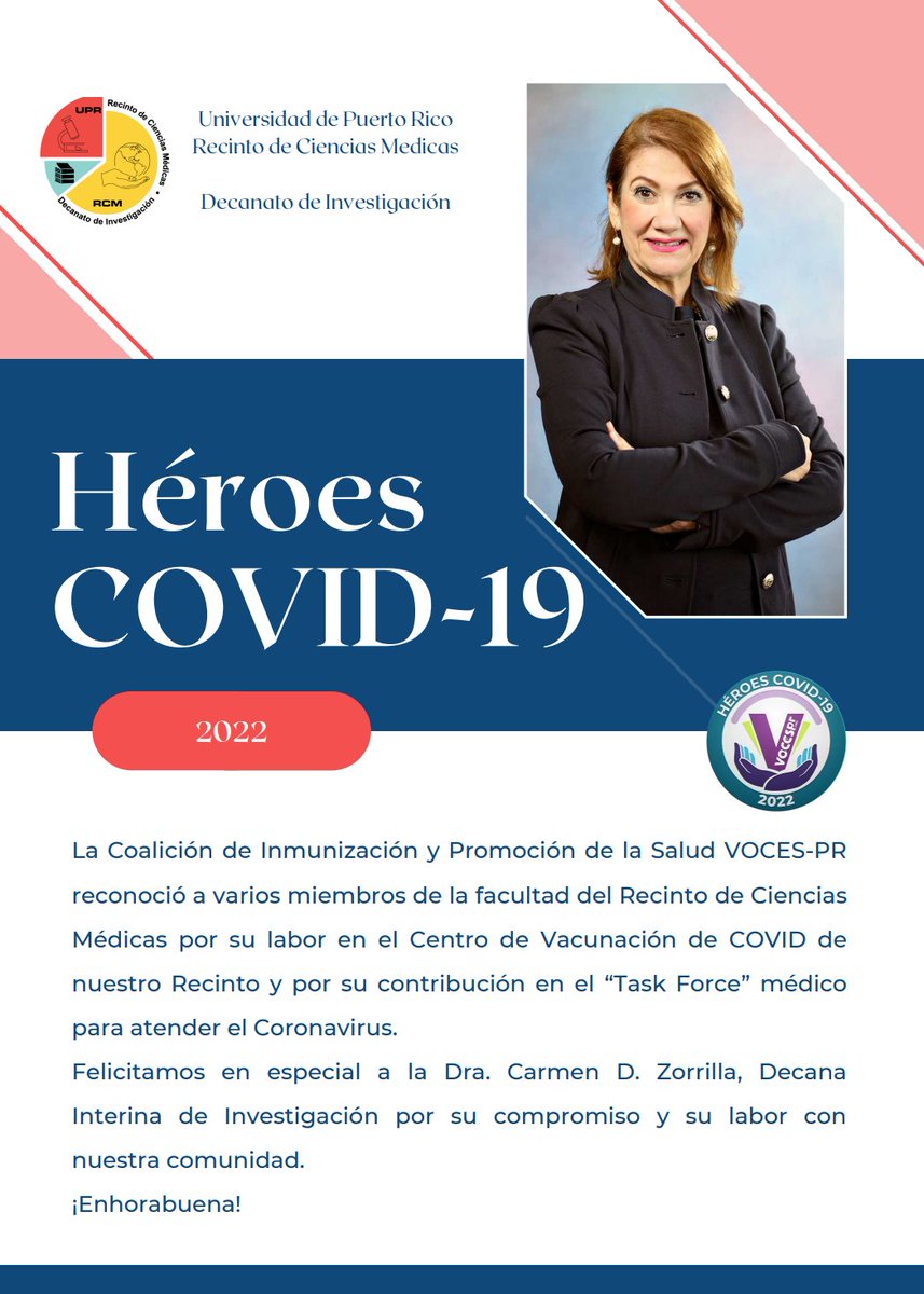 rcmupr's tweet photo. #OrgulloRCM | Felicitamos a la Dra. Carmen D. Zorrilla, decana interina de investigación del RCM, por haber recibido el Reconocimiento Héroes COVID-19. ¡Enhorabuena! https://t.co/QHislZ5ZZf