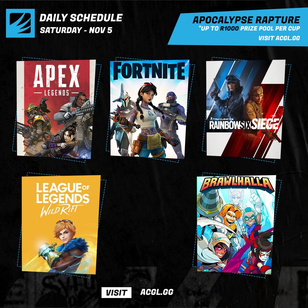 AfricanGaming's tweet image. 🗓Saturday's cups:

🎮#ApexLegends
🕹#Fortnite
🎯#R6Seige
🥊#WildRift
⚔#BRAWHALLA
📝Sign up to compete for free: acgl.gg/t

#esportsZA #AfricanEsports
