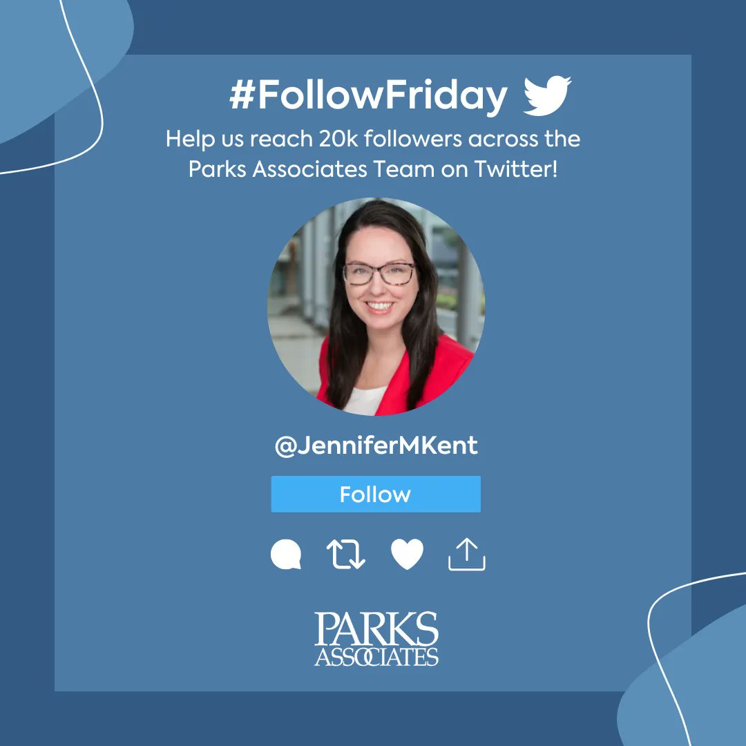 ParksAssociates's tweet photo. Happy #FollowFriday! Help us reach our goal of 20K followers across the @ParksAssociates Team on Twitter by following today’s spotlight team member @JenniferMKent!
#ParksAssociates #ParksTeam #FollowFriday https://t.co/khydSzlTpV