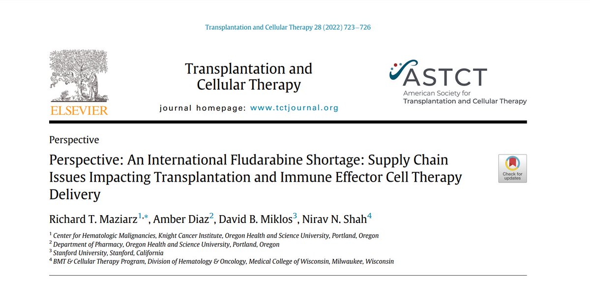 What’s going on with the international #FludarabineShortage? In this perspective article, authors go over issues impacting transplantation &amp; immune effector #celltherapy delivery. Read more: 
 ow.ly/2NYZ50LtIx6