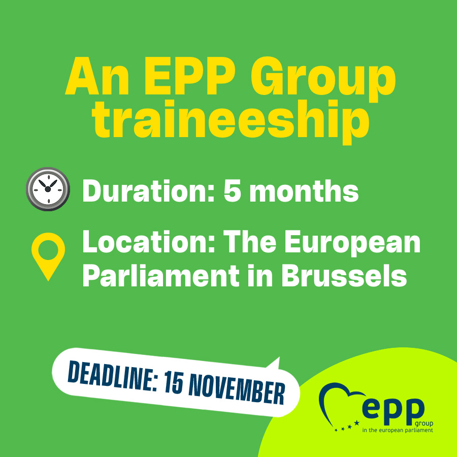 🏢 Live a memorable experience at the heart of the EU Institutions! 📆Deadline: 15 November Don’t waste time, apply now! 📌epp.group/traineeships #internships #traineeships #EPP4Youth