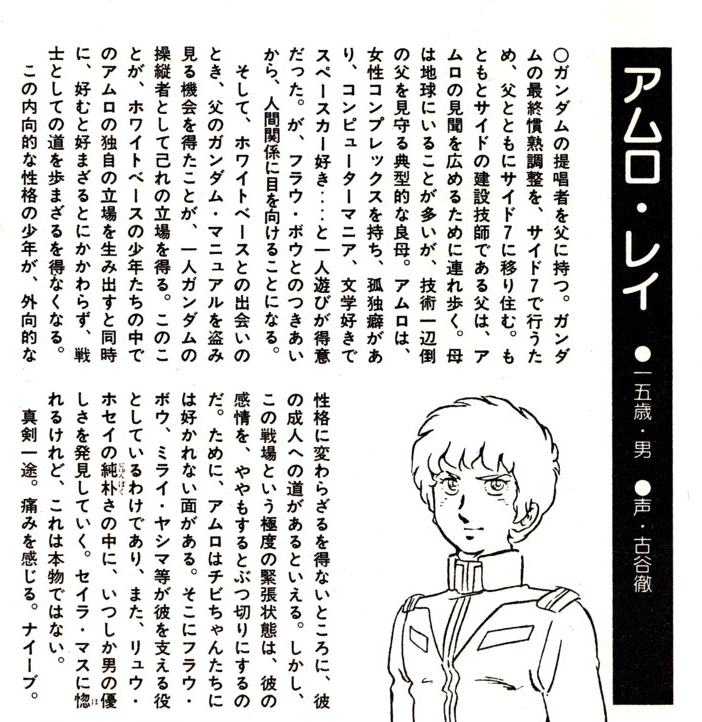 #アムロ・レイ生誕祭2022 
放映当時の資料のアムロの設定。
文学好きと言う描写はその後も無かったので設定的には無視されたのかな?
文章は総監督っぽい感じが😄 