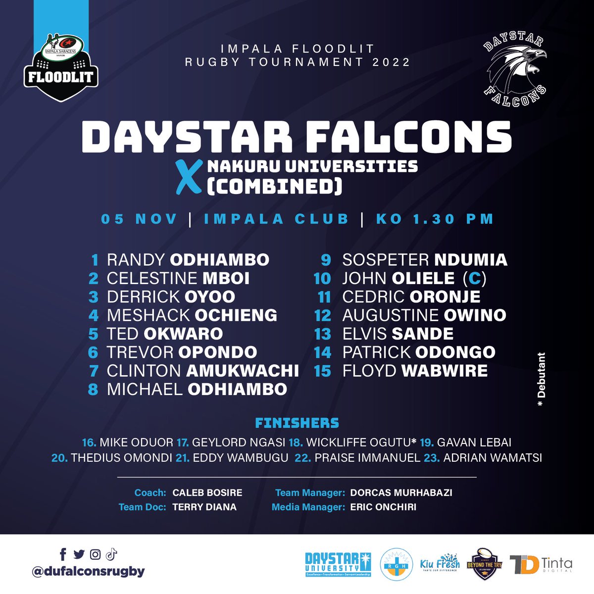 DUFalconsRugby's tweet photo. #Flodies2022
Falcons running into the pitch this weekend against Nakuru Universities (Combined) in the #Floodies semis fixture has been unveiled.
#PoweredByDaystarUniversity
#BeyondTheTry
#TintaDigital
#KiuFresh
#TakeMatters
#FloodiesIsBack https://t.co/AqMK64exIa