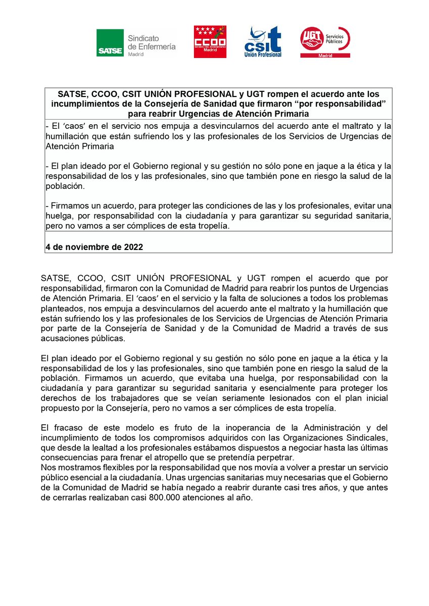 CCOOSanidadMad's tweet photo. #CCOO, SATSE, CSIT UP y UGT rompen el acuerdo ante los incumplimientos de la Consejería de Sanidad que firmaron “por  responsabilidad” para reabrir Urgencias de Atención Primaria. @zupo21 @fssccoo @CCOOMadrid https://t.co/gyoAjsXHFK