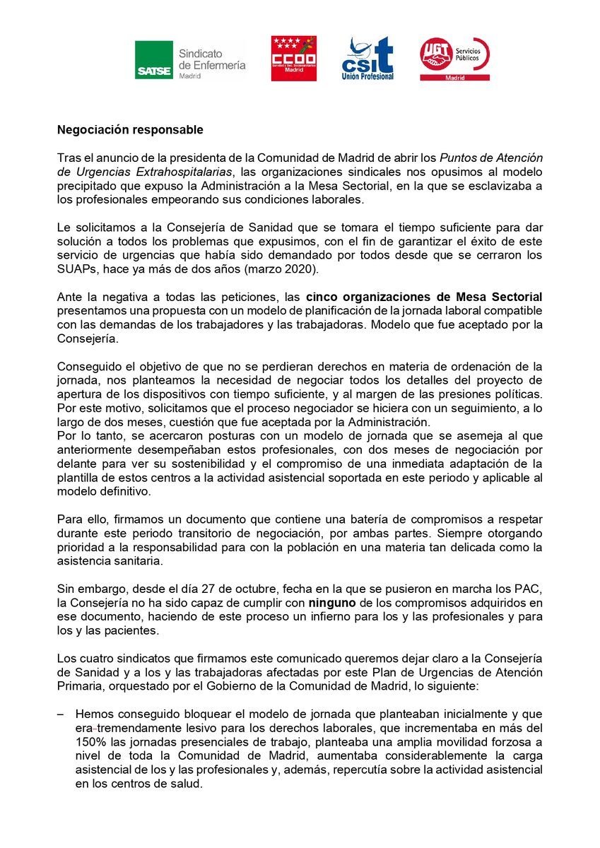 CCOOSanidadMad's tweet photo. #CCOO, SATSE, CSIT UP y UGT rompen el acuerdo ante los incumplimientos de la Consejería de Sanidad que firmaron “por  responsabilidad” para reabrir Urgencias de Atención Primaria. @zupo21 @fssccoo @CCOOMadrid https://t.co/gyoAjsXHFK