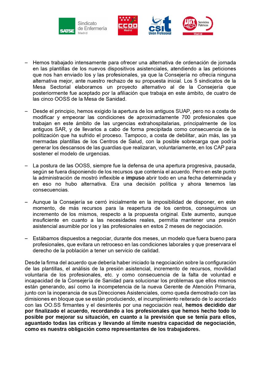CCOOSanidadMad's tweet photo. #CCOO, SATSE, CSIT UP y UGT rompen el acuerdo ante los incumplimientos de la Consejería de Sanidad que firmaron “por  responsabilidad” para reabrir Urgencias de Atención Primaria. @zupo21 @fssccoo @CCOOMadrid https://t.co/gyoAjsXHFK