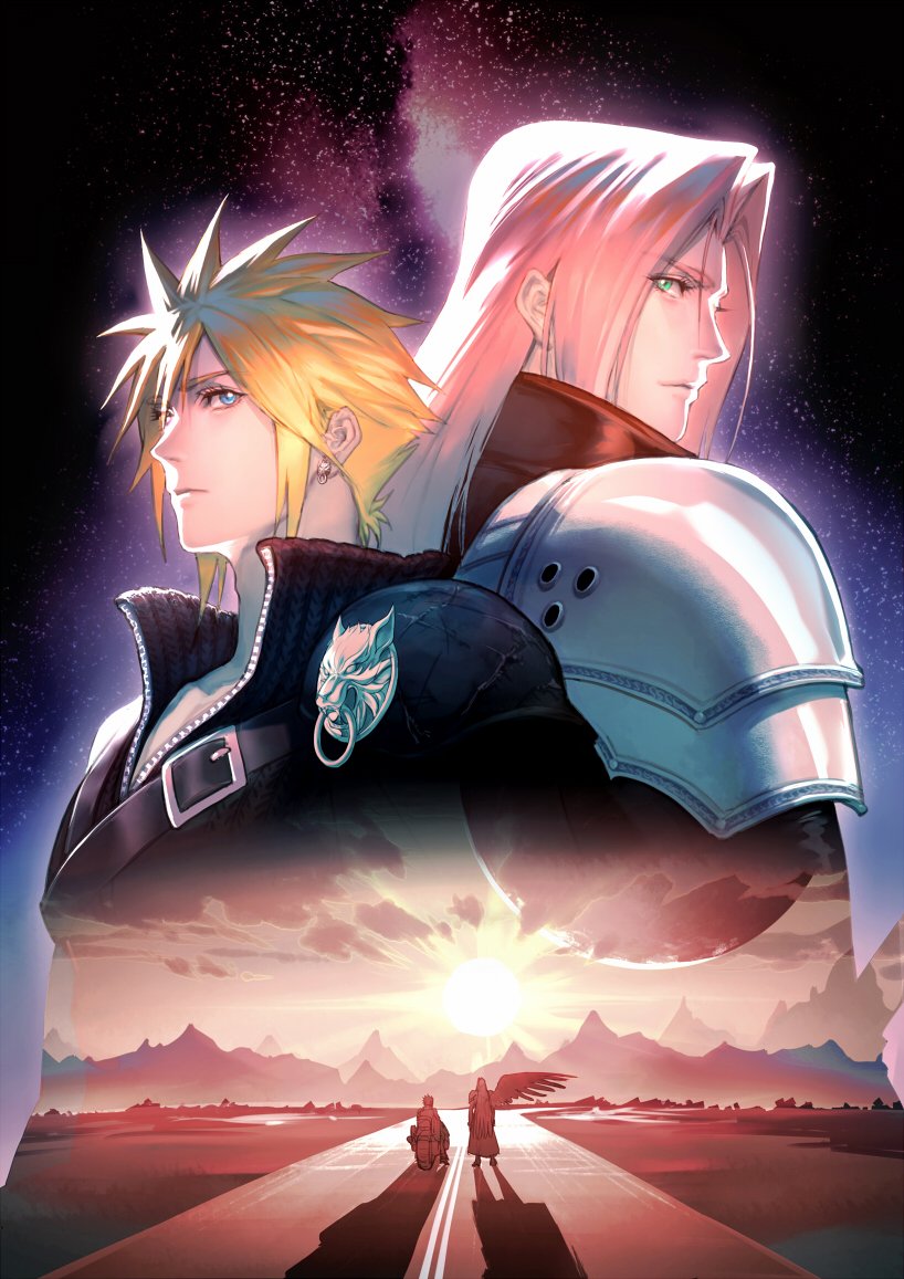 cloud strife ,sephiroth multiple boys blonde hair armor shoulder armor long hair open collar 2boys  illustration images