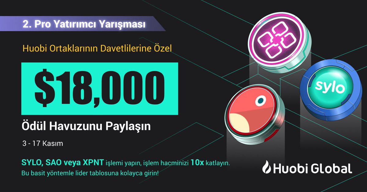 GrandeAnaliz's tweet photo. Huobide Trade edenler için $18.000 Ödül Havuzu.
Huobi Global #SYLO #SAO #XPNT coinleri trade edin.
3 - 17 Kasım 🗓️
En İyi 3 trader için $1.000
$2000 tutarındaki airdrop'u eşit olarak kazanmak için Huobi Global'e kaydolun
Kayıt: https://t.co/KmhOFaGujR https://t.co/6hAcDklRwr