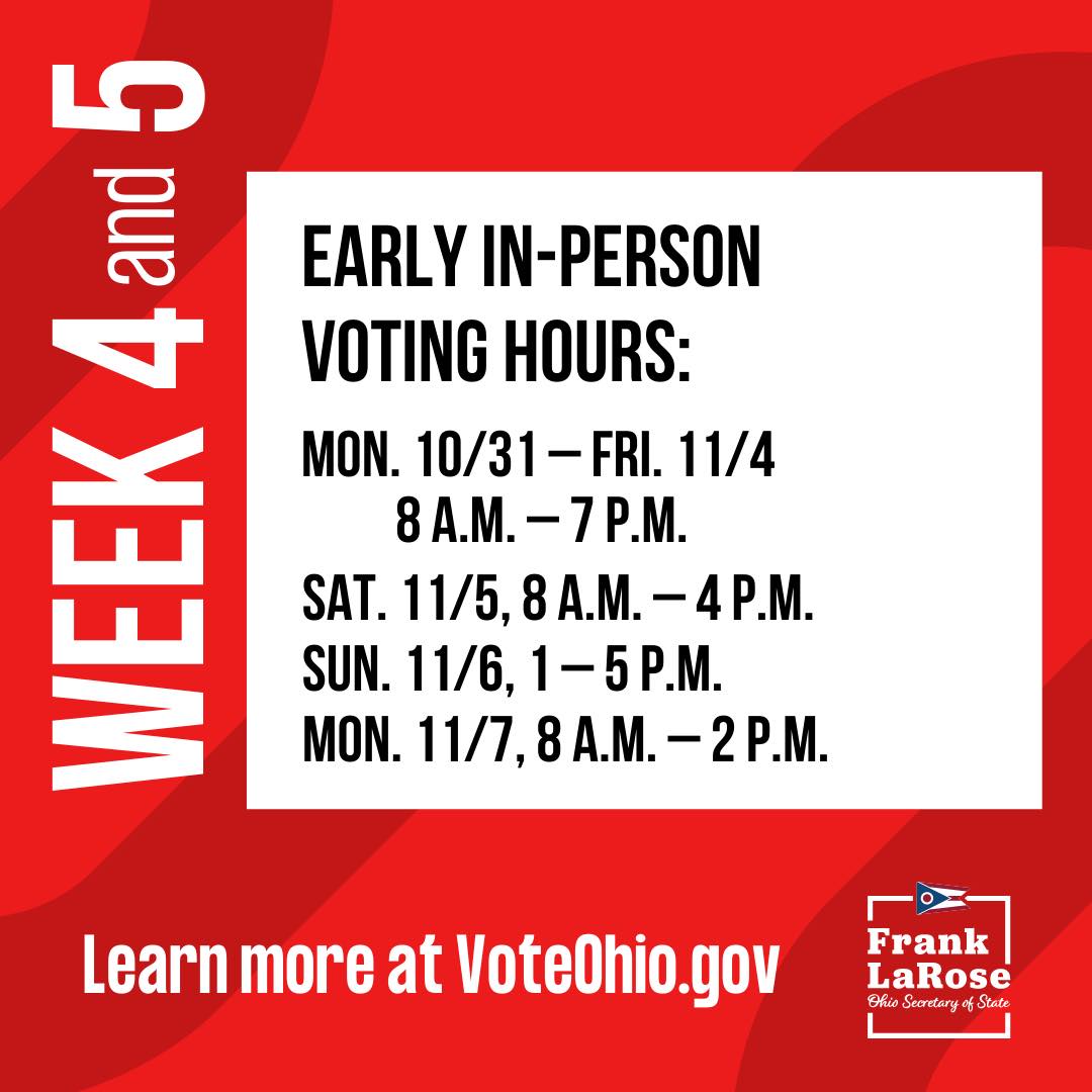 Skip the lines on Election Day by casting your vote early! The Early Voting Center is located at 1700 Morse Rd., Columbus 43229. VoteOhio.gov