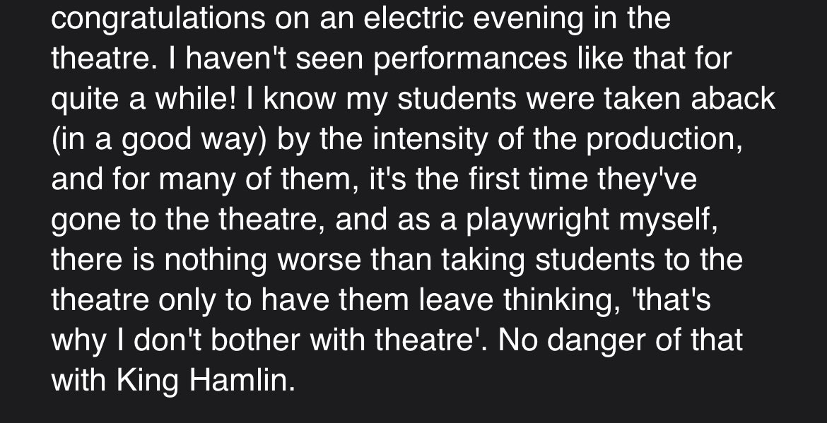 A cool successful comment received :) #KingHamlin by <a href="/osilua/">Gloria Williams - Award winning Playwright</a> <a href="/Naiad_Prod/">Naiad Productions</a> <a href="/ParkTheatre/">Park Theatre</a>
Only until 12 Nov! Book your tickets!
parktheatre.co.uk/whats-on/king-…