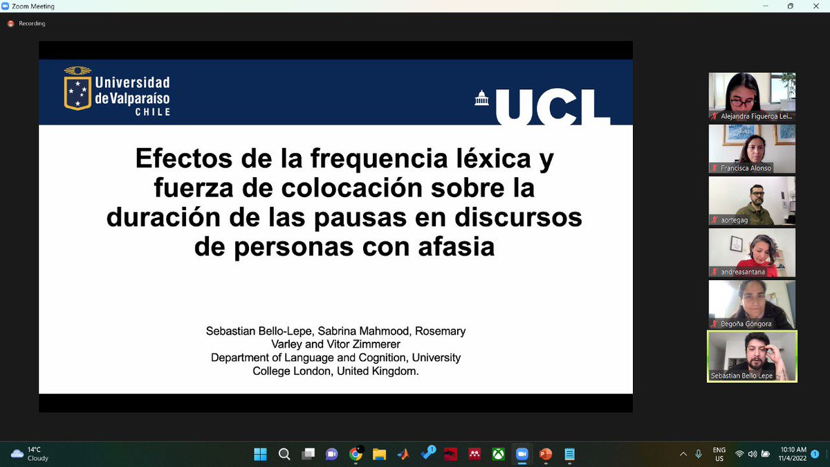 CIDCLUV's tweet photo. Comenzamos el segundo bloque con Sebastián Bello y el efecto de la frecuencia léxica y fuerza de colocación sobre la duración de las pausas en personas con afasia 📍ID 8615999431 https://t.co/UPGHKCxXff