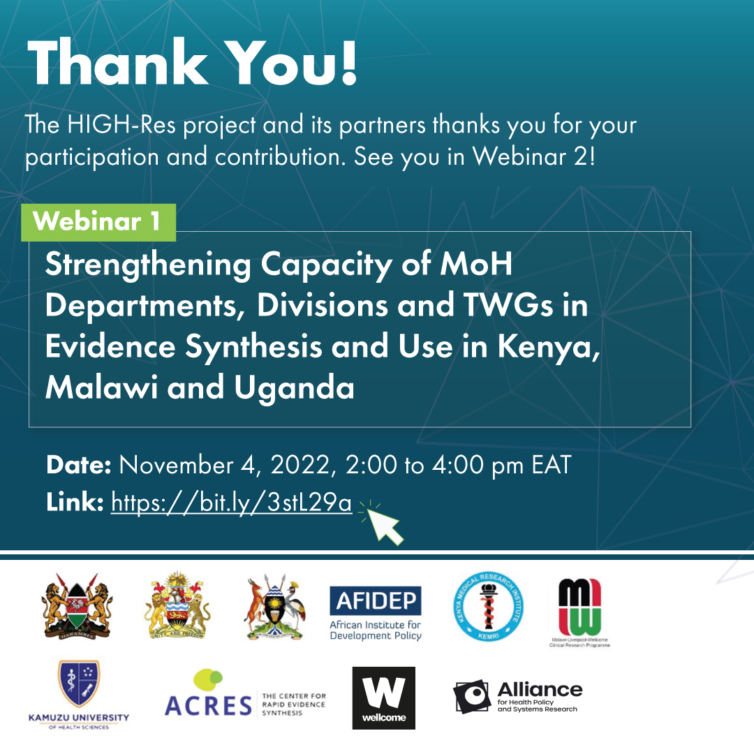 Afidep's tweet photo. Thank you for attending the webinar, we hope that you got to learn how the HIGH-Res project and partners worked together to incorporate and institutionalise EIDM in health #research and #policymaking.
#healthresearch #EIDM #EvidenceInDecisionMaking #policymaking https://t.co/hNPnkVQWbD
