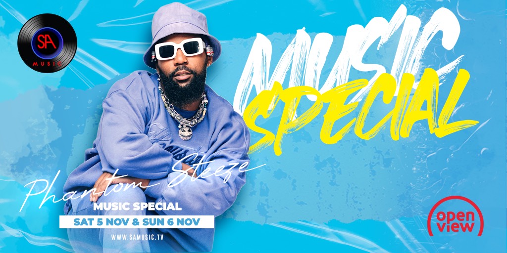 SAMusicTV's tweet photo. The creative is popular for his natural ability to cross between genres effortlessly. It can only be SA’s Super Ghetto Icon — @Phantom_Steeze! Tune in for all his hits this Sat 5 Nov @2PM. Catch the repeat Sun 6 Nov @6PM. #PhantomSteezeMusicSpecial #SAMusicCH135 #OpenViewForever https://t.co/5okcLl26mF