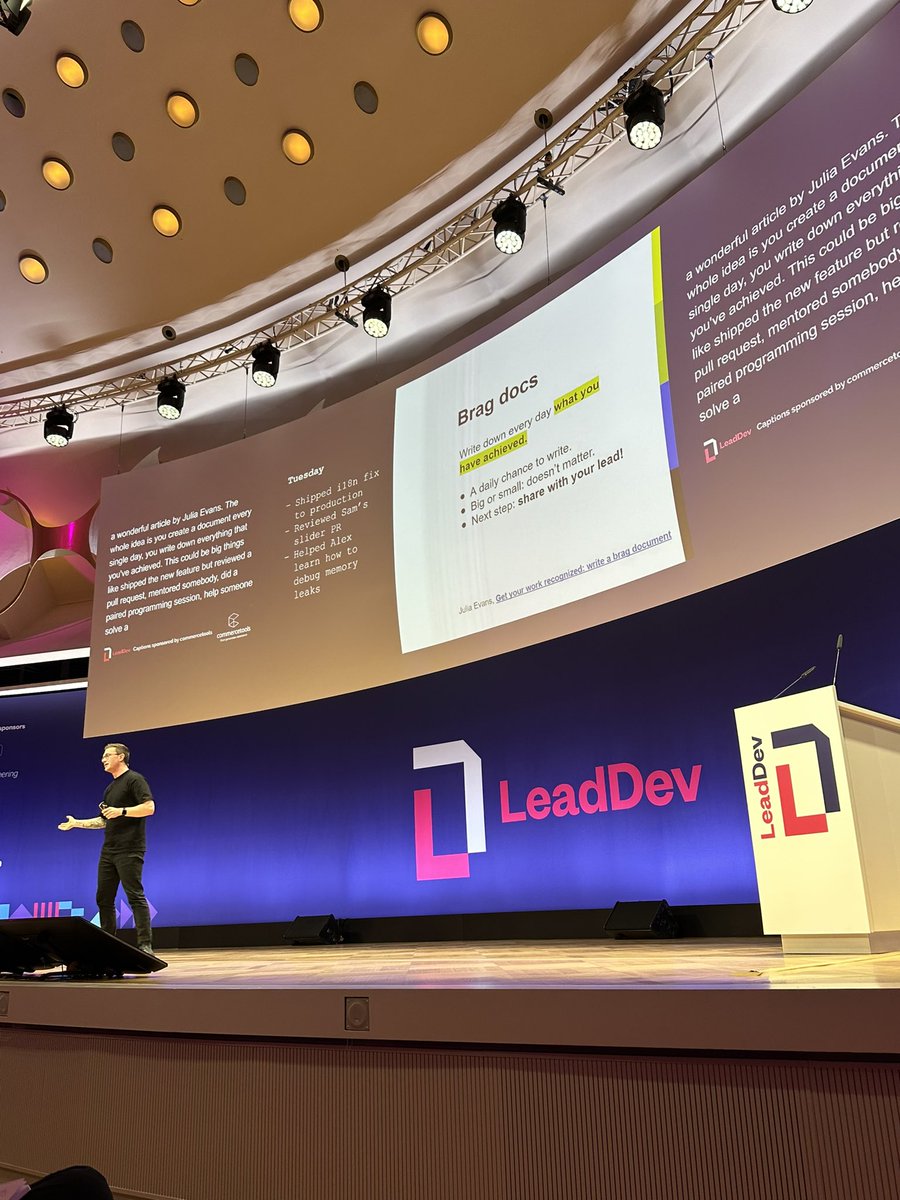 Writing stuff down helps you with your brag doc  #LeadDevBerlin <a href="/jstanier/">James Stanier</a>