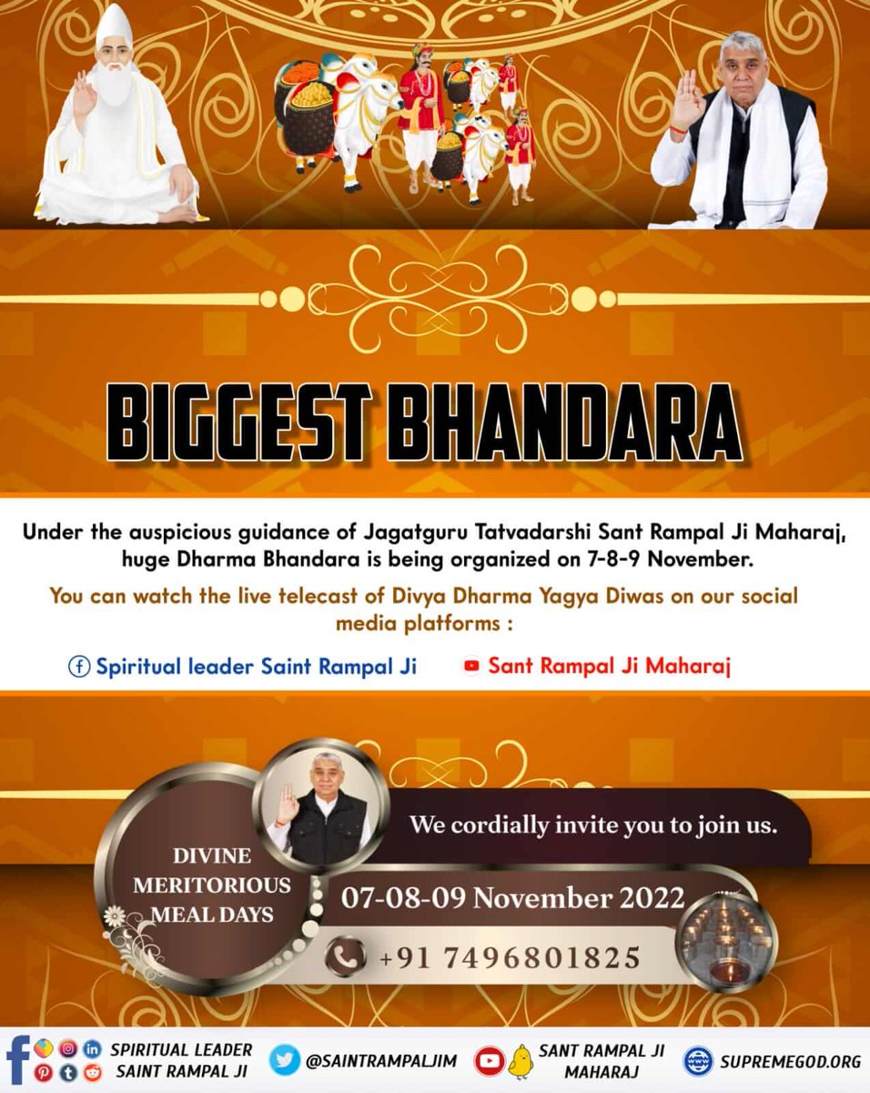 'BIGGEST BHANDARA' under the auspicious guidance of jagatguru tatvdarshi Sant Rampal Ji Maharaj ji Divya Dharm Bhandara is being organised on 7,8,9 November you can watch the live telecast of Divya Dharma Yagya Divas on our special media platform. 🌷 #DivineBhandaraBySantRampalJi