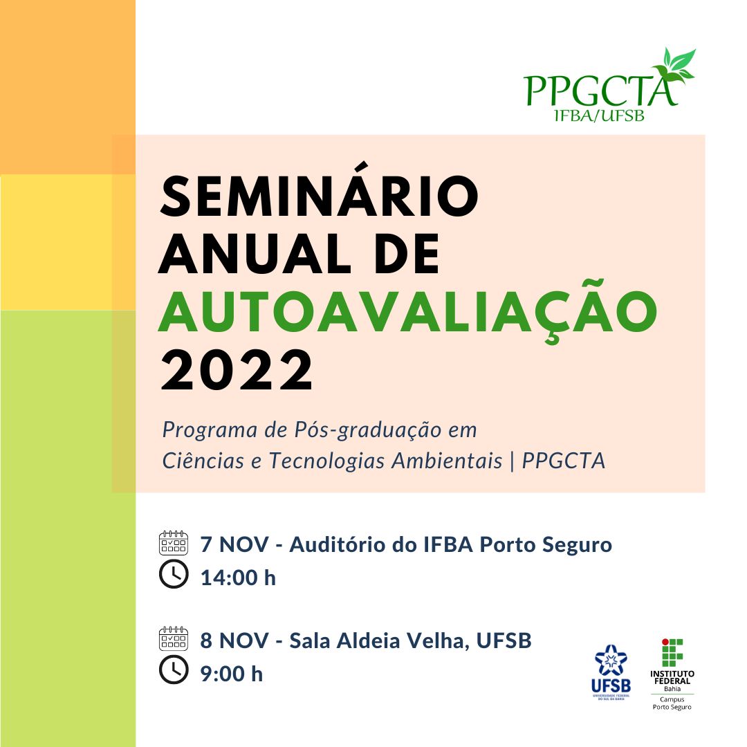 Ppgcta_IfbaUfsb's tweet photo. Nos dias 7 e 8 de novembro, o PPGCTA realizará o Seminário Anual de Autoavaliação 2022.

Durante o Seminário, discutiremos o relatório da avaliação quadrienal da CAPES sobre o Programa e como avançamos nos últimos anos.

Sua participação é muito importante!

#ppgcta 
#ufsb 
#ifba https://t.co/zmrWxwiLBM