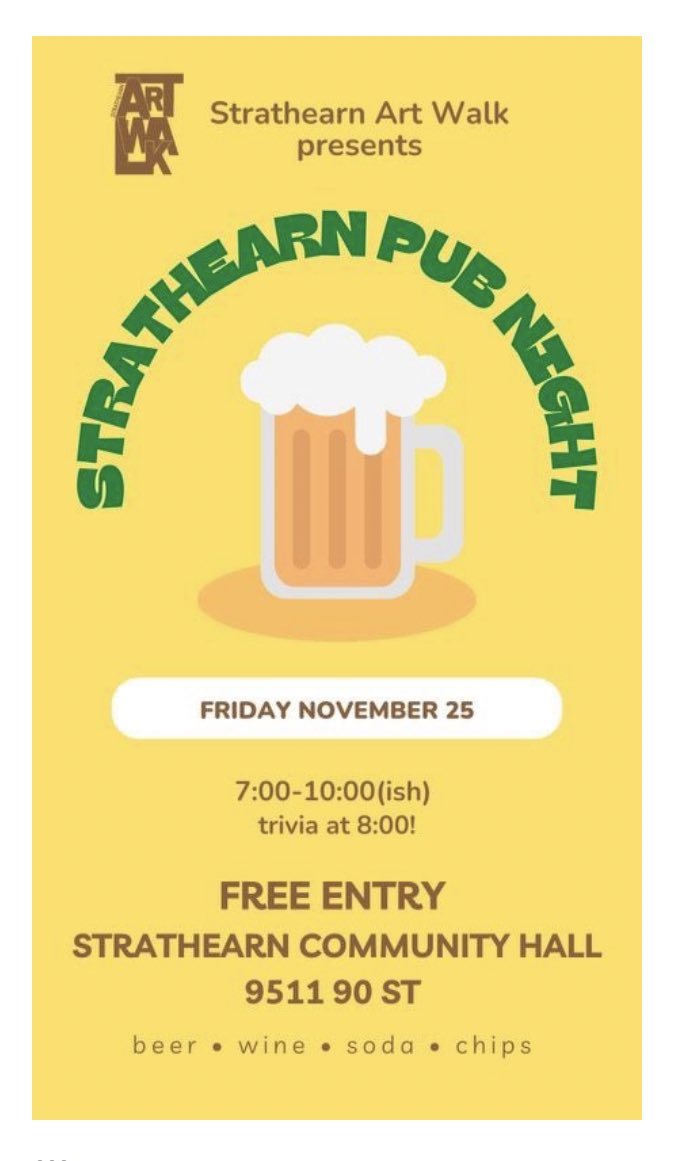 StrathearnCL's tweet photo. Mark your calendars for a community pub night on Nov 25! 🍻 brought to you by @StrathearnArt 😊 https://t.co/PcVXZK3bTw