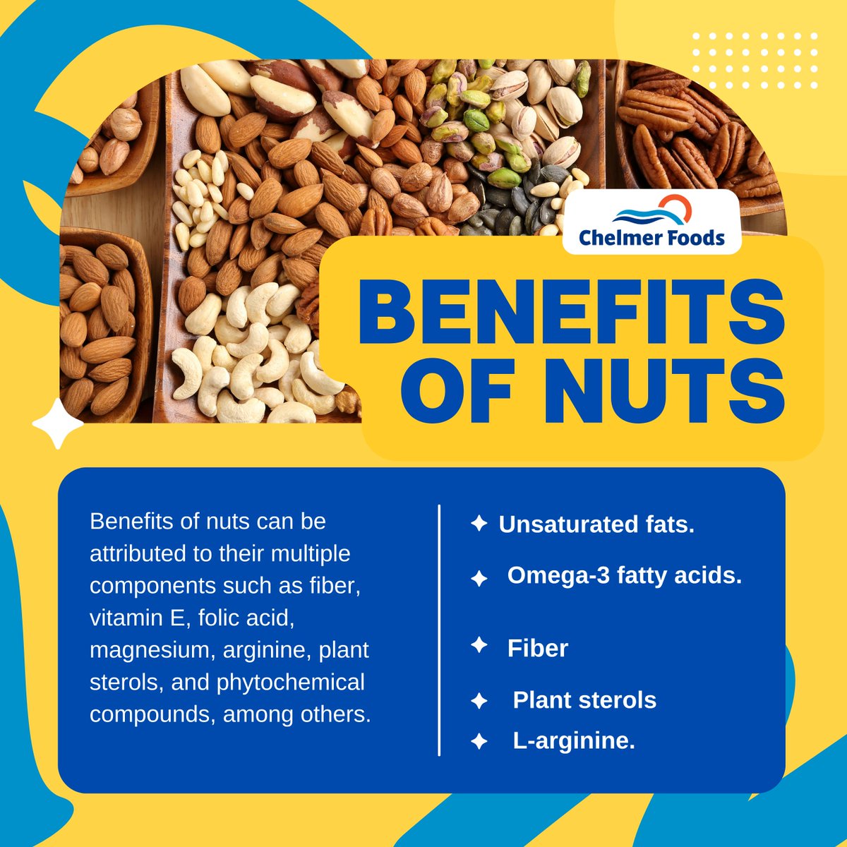 5 reasons why nuts are good for the heart
Prevention and treatment of cardiovascular diseases have a key element on a diet low in saturated fats and cholesterol. This is the reason why nuts are pivotal when looking after a healthy heart.

Read All bout it: chelmerfoods.com/news/5-reasons…