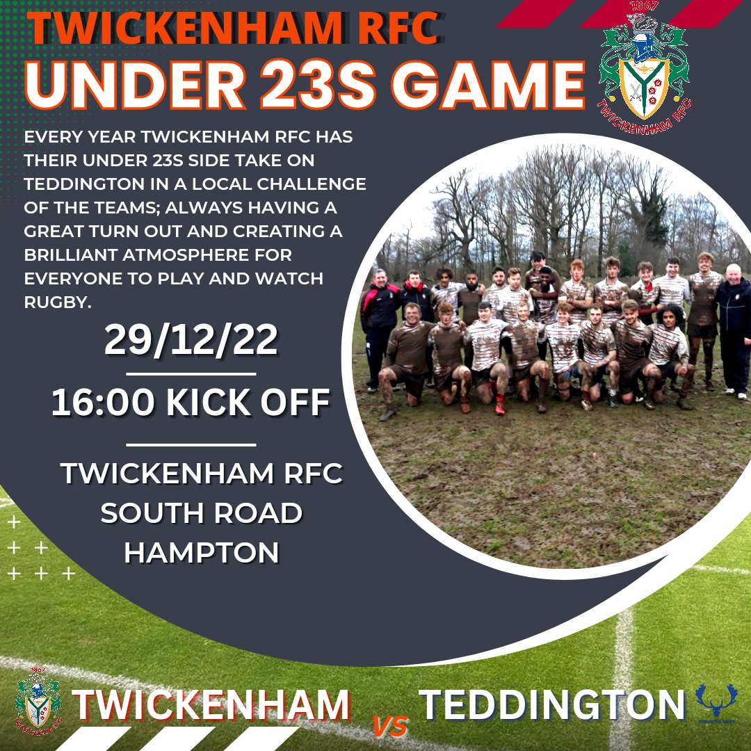 Save the date!
Twickenhams under 23s side will once again take on Teddington after last years tight draw.
It's always an amazing game to watch with a big turnout of people supporting either side; make sure you're free on Thursday 29th December to support the boys! 🔴⚫️
#TRFC