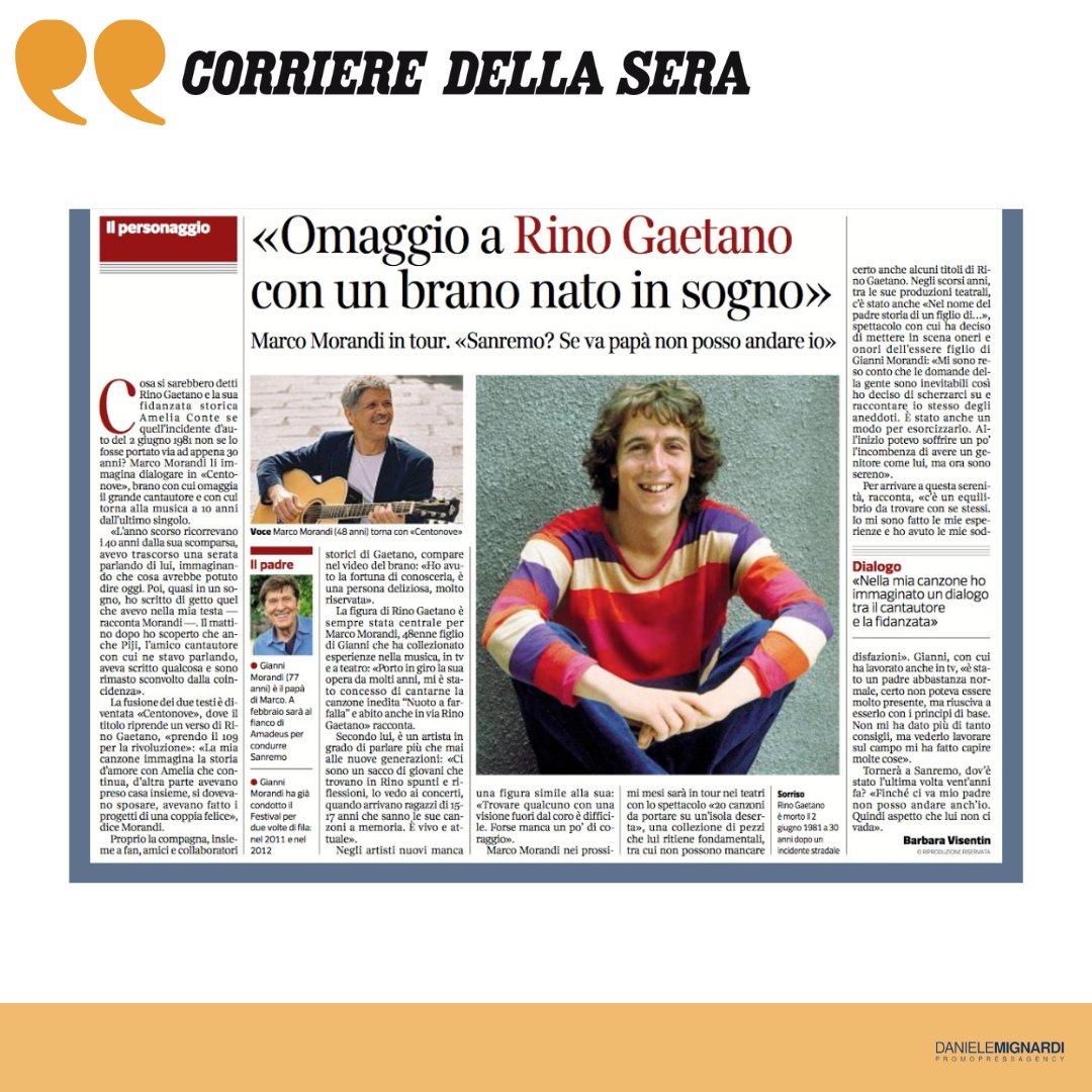 DanieleMignardi's tweet photo. Marco Morandi con Centonove, il suo nuovo singolo, omaggia il grande Rino Gaetano.
📰 @Corriere
✍🏻 @babvis
#marcomorandi #centonove #rinogaetano https://t.co/KpRxedjSLI