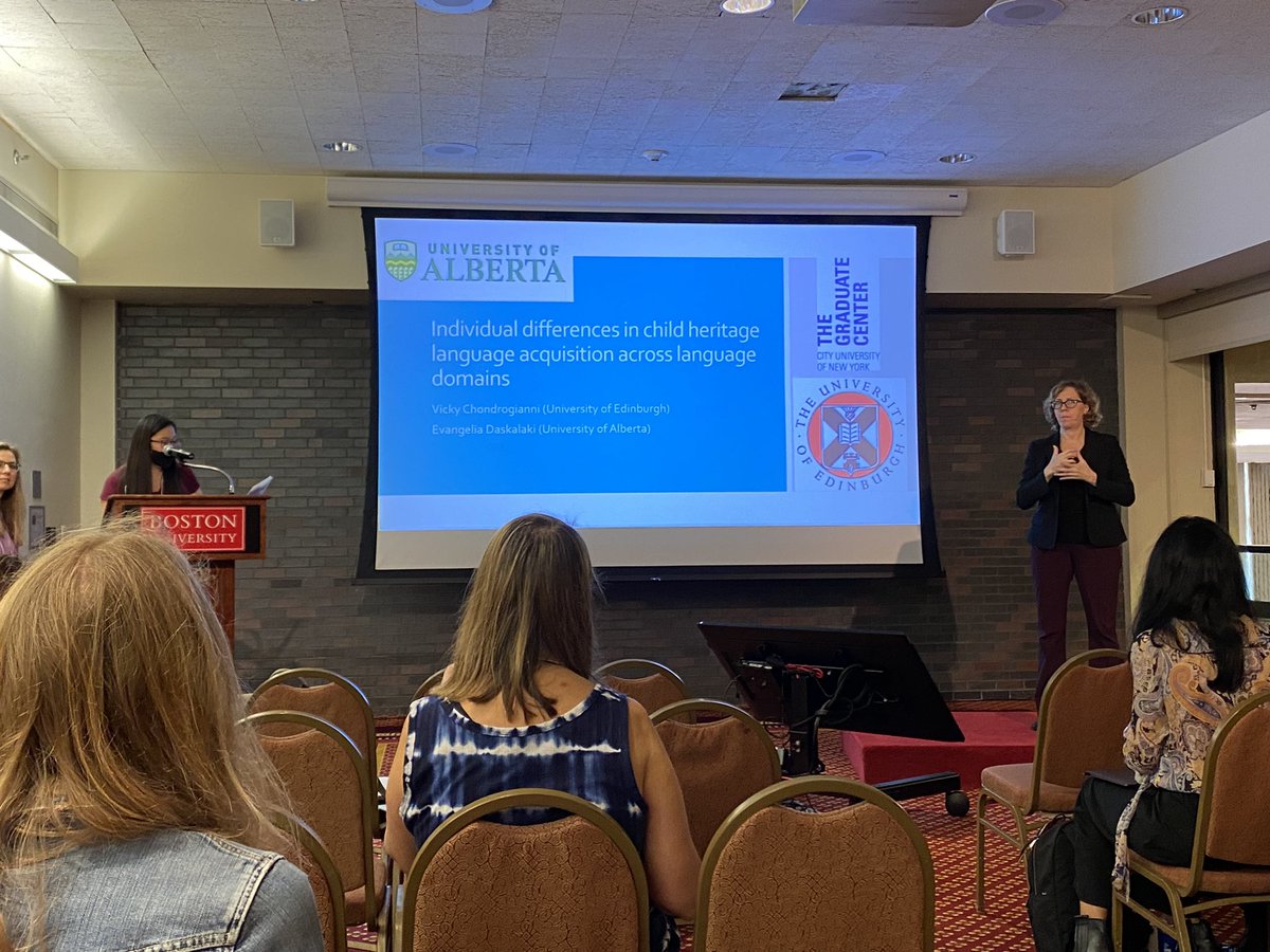 Excited to be back in presence at BUCLD47. Starting with a talk by <a href="/LilaDaskalaki/">Evangelia Daskalaki</a> and Vicky Chondrogianni on Individual differences modulating performance in child heritage language