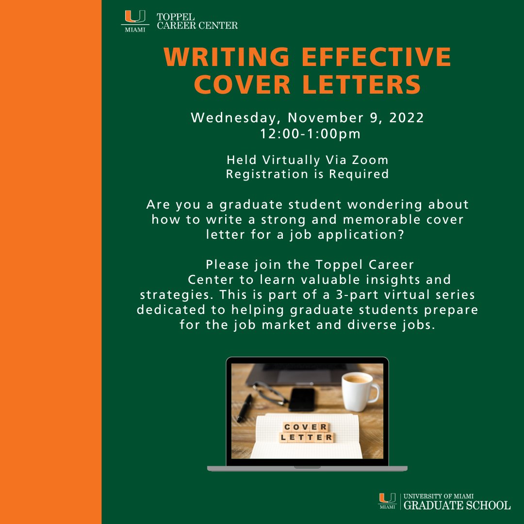 UMiamiGrad (@umgradschool) on Twitter photo Join the Toppel Career Center on Wednesday, November 9, 2022 for part two of their three-part series dedicated to helping graduate students. During "Writing Effective Cover Letters," learn strategies for writing an effective resume! Register with link in Bio!
<a href="/Toppel/">Toppel Career Center</a> Join the Toppel Career Center on Wednesday, November 9, 2022 for part two of their three-part series dedicated to helping graduate students. During "Writing Effective Cover Letters," learn strategies for writing an effective resume! Register with link in Bio!
<a href="/Toppel/">Toppel Career Center</a>
