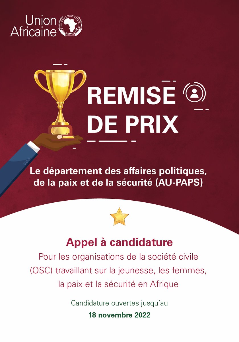 GPSP_AU's tweet photo. @AUC_PAPS , à travers le programme « Genre, Paix et Sécurité » et le programme « Jeunesse pour la Paix » de l'Union Africaine, lance une initiative de remise de prix en reconnaissance du rôle important que la société civile joue dans la mise en œuvre des agendas FPS et JPS. https://t.co/pNkDZLgX0C