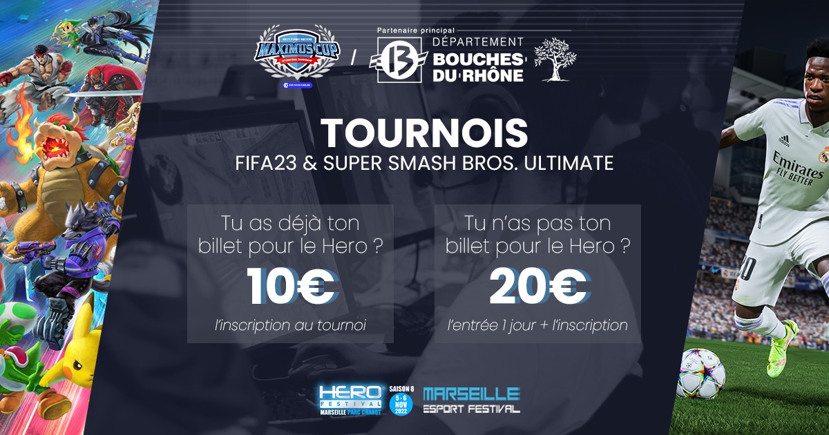 Maximus Cup (@maximuscup) on Twitter photo 📍 Tarifs tournois #FIFA23/#SSBU de ce weekend :
👉 Tu as déjà ton entrée pour le <a href="/HeroFestivalFR/">HeroFestival</a> ? Profite d'une inscription tournoi à 10€
👉 Sinon, le billet #MaximusCup à 20€ inclut l'inscription tournoi ET l'entrée 1 jour
🎟 Inscription : bit.ly/mc2022-billett… 📍 Tarifs tournois #FIFA23/#SSBU de ce weekend :
👉 Tu as déjà ton entrée pour le <a href="/HeroFestivalFR/">HeroFestival</a> ? Profite d'une inscription tournoi à 10€
👉 Sinon, le billet #MaximusCup à 20€ inclut l'inscription tournoi ET l'entrée 1 jour
🎟 Inscription : bit.ly/mc2022-billett…