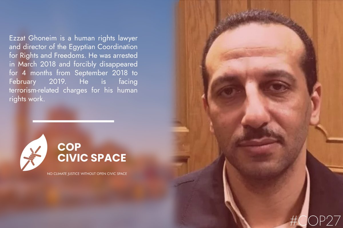 #COP27: we call on the Egyptian authorities to release HRD and Executive Director of Egyptian Coordination for Human Rights Ezzat Ghoneim and to end his trial for his activities in the defense of human rights 
euromedrights.org/human-right-de…  
#FreeThemAll <a href="/copcivicspace/">COP Civic Space</a> <a href="/FreeThemAll_/">Free Them</a>