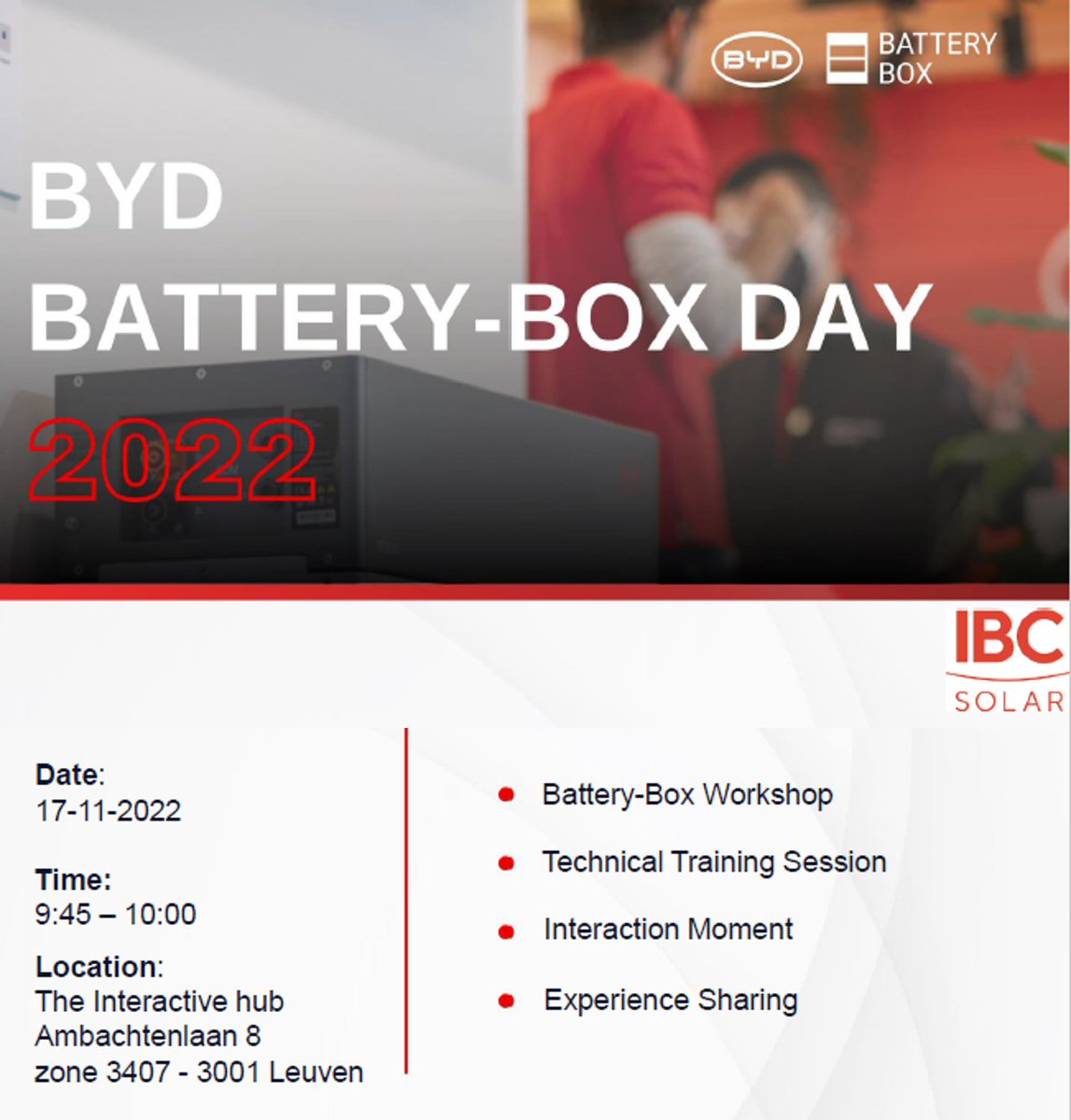 IBCSOLAR_Int's tweet photo. We are pleased announce the upcoming BYD Battery-Box Day that we will host in collaboration with our partner @BYD_BatteryBox on 17 November 2022 in Leuven (Belgium) at IBC SOLAR BV 🔋 Register now! 👉https://t.co/7ZnwY3x41F ☀️#HaveSun #bydBatteryBox #batterystorage #PV #training https://t.co/7FpUa0im1J
