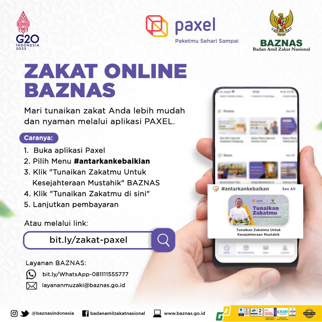 baznasindonesia's tweet photo. ZAKAT ONLINE BAZNAS 
via Paxel

Untuk #sahabatBAZNAS pengguna paxel kini bisa menunaikan zakat langsung melalui BAZNAS di aplikasi paxel. 

Caranya:
1️⃣ Buka Aplikasi Paxel
2️⃣ Pilih Menu #antarkankebaikan
… https://t.co/YoPB8SIZck