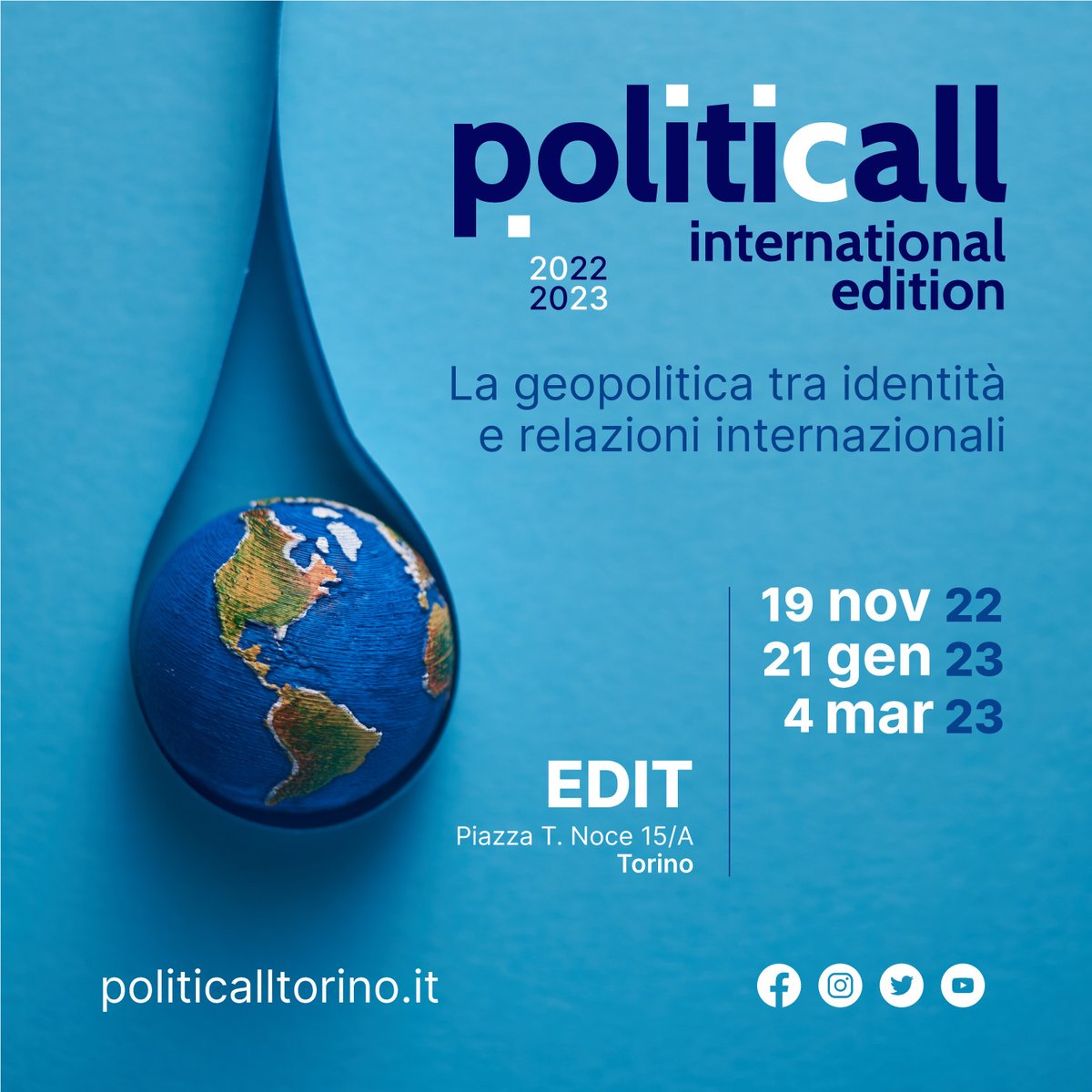 politicallTO's tweet photo. 📣 Siamo felici di lanciare l'edizione 22/23!
🔶 La #geopolitica tra identità e relazioni internazionali

📌 #savethedate
📆 19/11/2022 ➡ "I confini dell’Occidente"
📆 21/01/2023 ➡ "Scenari asiatici"
📆 4/03/2023 ➡ "Economia globale"

👉https://t.co/qtBRiMb2nA

#politicall23 https://t.co/PKw9BG5cDH