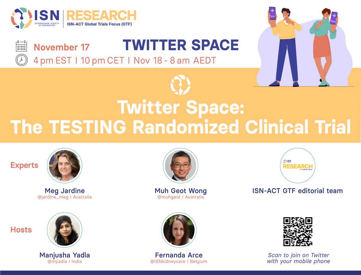 𝗦𝗔𝗩𝗘 𝗧𝗛𝗘 𝗗𝗔𝗧𝗘 for the #ISNGTF first Twitter Space: The TESTING Randomized Clinical Trial 🗣️ @jardine_meg @muhgeot @M_Elraggal @Daniel_V_OHara 👥 @myadla @FerArceAmare 🗓️ November 17 🕓 4 pm EST 🕙 10 pm CET 🗓️ November 18 🕗 8 am AEDT 🔗 twitter.com/i/spaces/1kvKp…