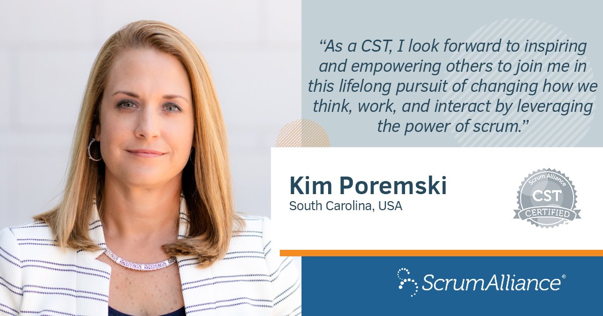 ScrumAlliance's tweet photo. A round of applause for Kim Poremski as she is our newest Certified Scrum Trainer (CST)! What an achievement! Nicely done! ⭐#ScrumAlliance #AgileCoach https://t.co/LTcRzcDbcJ