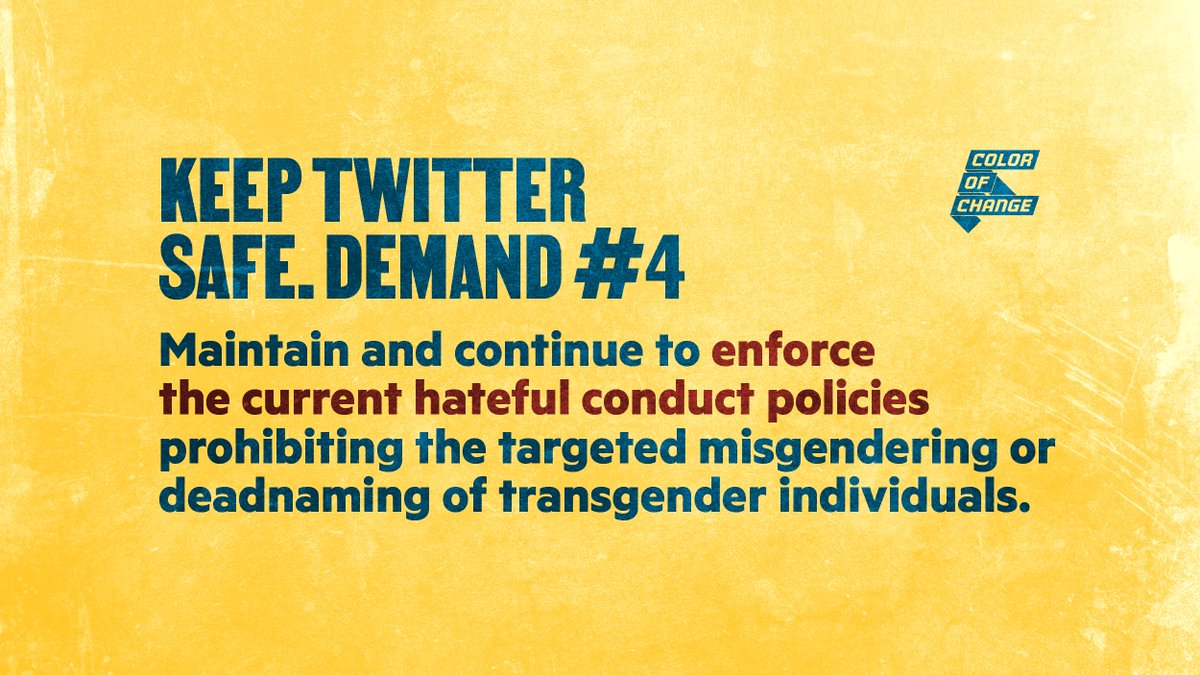 ColorOfChange's tweet photo. While the conversation with Elon Musk earlier this week regarding stronger content moderation policies on the platform was a step towards progress, it means absolutely nothing until actions are promptly centered and prioritized.

Here are our demands to #KeepTwitterSafe https://t.co/Rm5oJ3JiQN