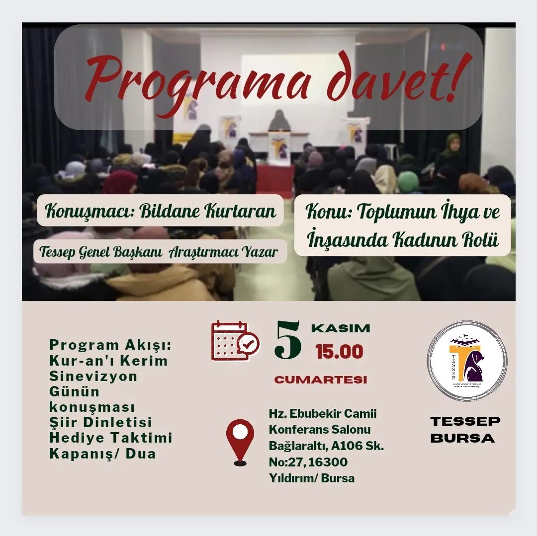 TessepOrg's tweet photo. Tessep📍#Bursa Tmsl'den 'Toplumun İhya v İnşasında #Kadın'ın Rolü',#Gaziantep Tmsl'den,'Meryem Olmanın Adı: #Tesettür',#İstanbul Tmsl'den, '#SözNişanDüğünler'de İlahi Ölçüt" konulu programlar..
#Manevimotivasyon garantili programlarımıza hanımefendileri, genç kızları bekliyoruz👇 https://t.co/n4bp4gxslT