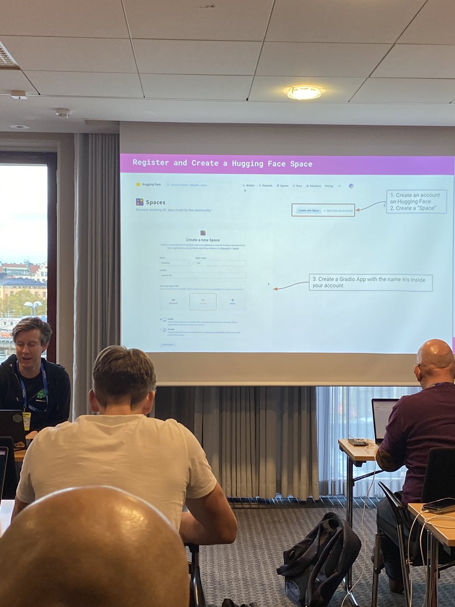 second workshop of the day that involves <a href="/huggingface/">Hugging Face</a> Spaces &amp; <a href="/Gradio/">Gradio</a>, delivered by <a href="/jim_dowling/">Jim Dowling</a> 🤩 check out his free course on serverless ML here 👉🏼 serverless-ml.org