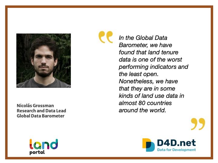 landportal's tweet image. The @databarometer  has found that land tenure data is one of the worst performing indicators and the least open, says @nicolasgrossman.  #StateofOpenData Find out more: landportal.org/event/2022/10/… #LandData 
@landportal @D4Dnetwork @opengovpart