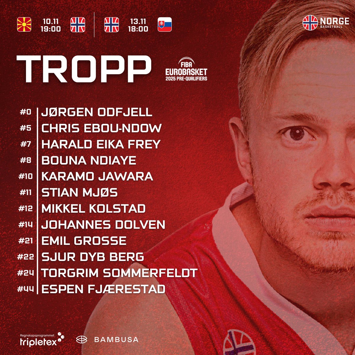 basketnorge's tweet photo. De utvalgte som skal kjempe mot Nord-Makedonia og Slovakia er tatt ut! Benk deg foran TV 2 Sport på torsdag og kom til Haukelandshallen neste søndag og hei gutta fram til seier!
Billettene får du her: https://t.co/8kHP5oqScb
#teamnorwaybasketball #tripletex #bambusa https://t.co/WnLDNvCiXp