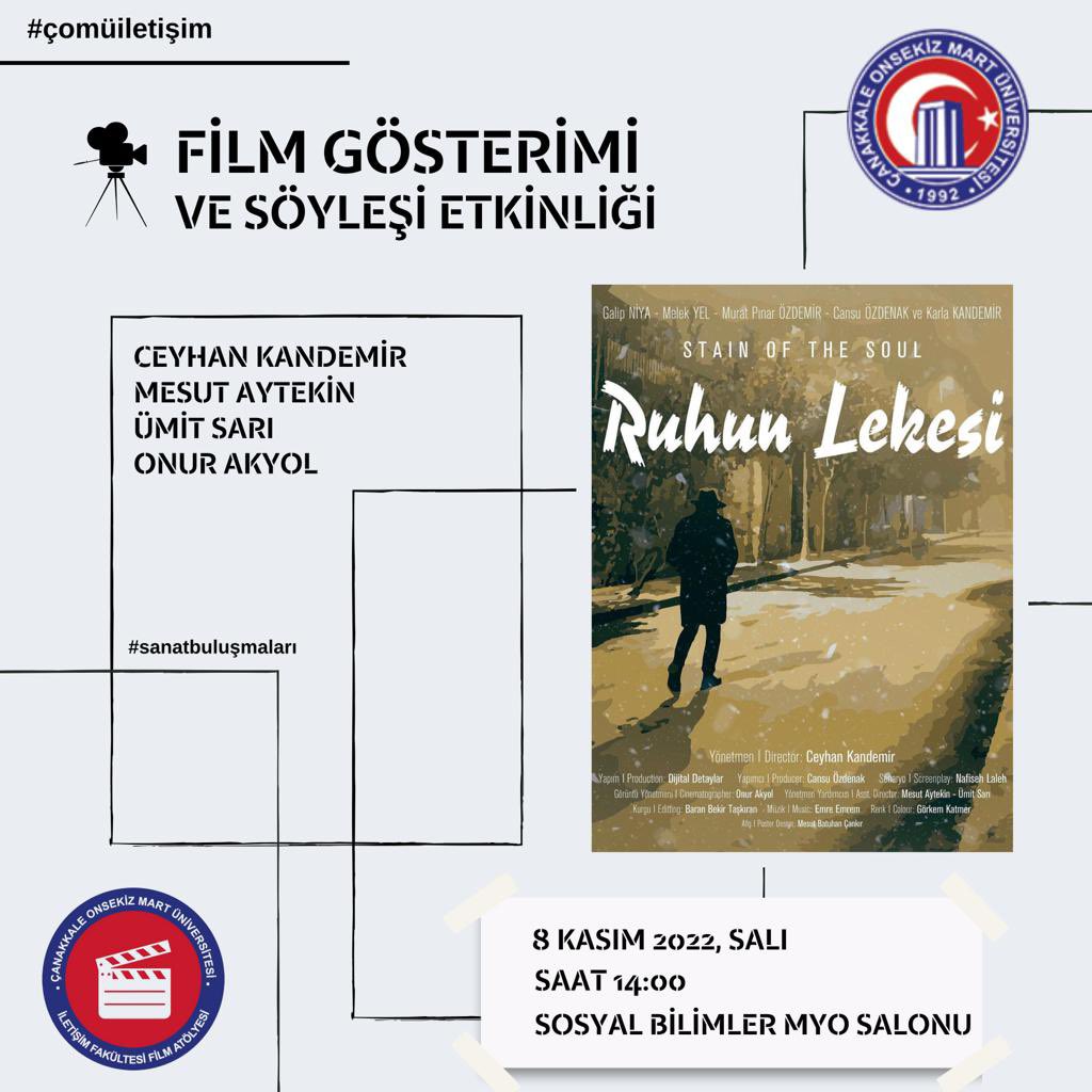 Yönetmenliğini Ceyhan Kandemir’in yaptığı “Ruhun Lekesi” isimli filmin gösterimi ve söyleşi etkinliği 8 Kasım 2022 Salı günü saat 14.00’da Sosyal Bilimler MYO Salonu’nda gerçekleşecektir. Etkinliğe tüm akademik personelimiz ve öğrencilerimiz davetlidir. #çomü #ruhunlekesi #film