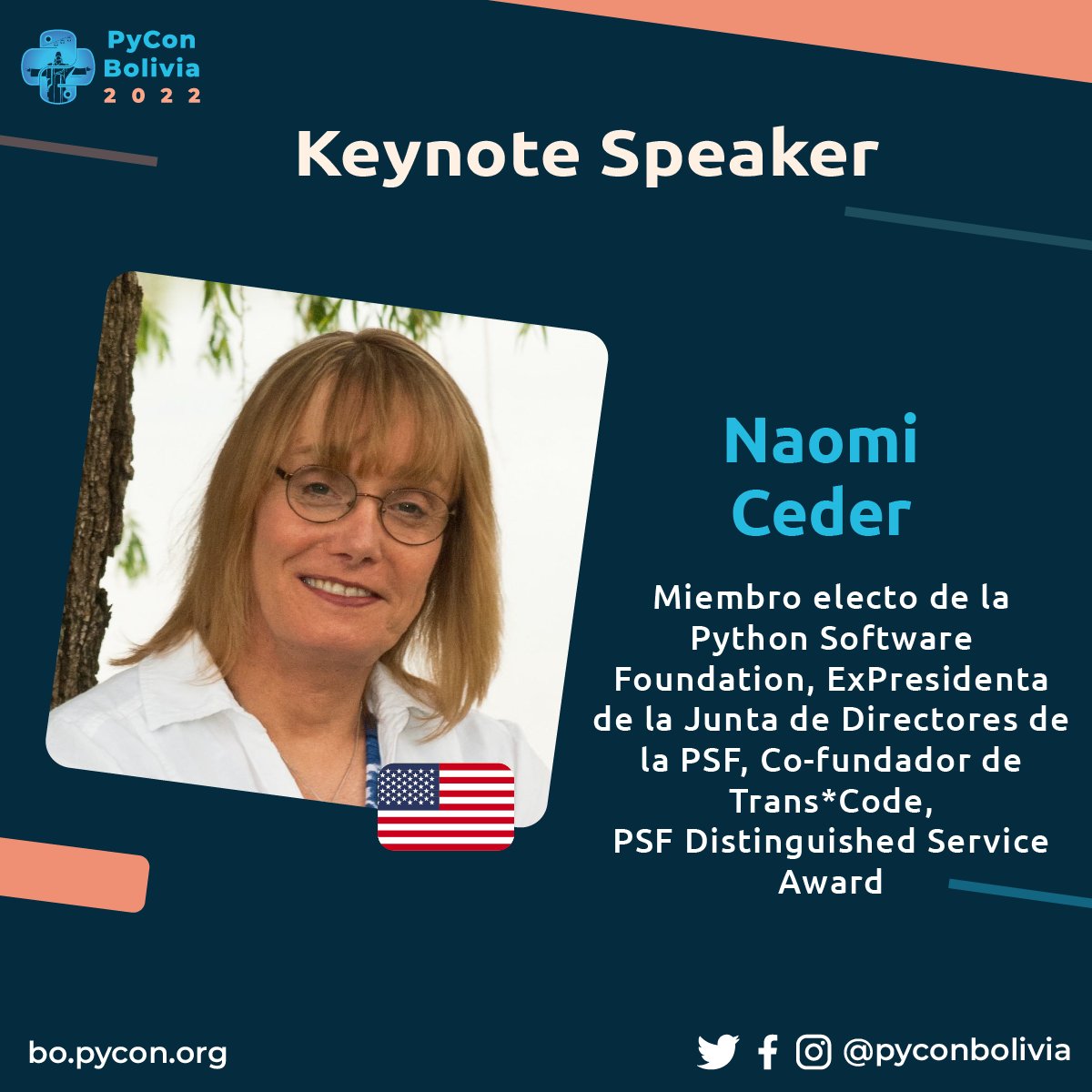pyconbolivia's tweet photo. 📣 ¡Les presentamos a nuestra Keynote @NaomiCeder! 📣
🔹Naomi con su experiencia de más de 20 años nos hablará de Cómo crear y cuidar a una comunidad.
Será todo un placer contar con tan maravillosa Ponente😃
Siguenos en:
🟡https://t.co/T0QFyhNU1P
#python #PyCon #Bolivia #pyconbo https://t.co/FNw5wlqqvA