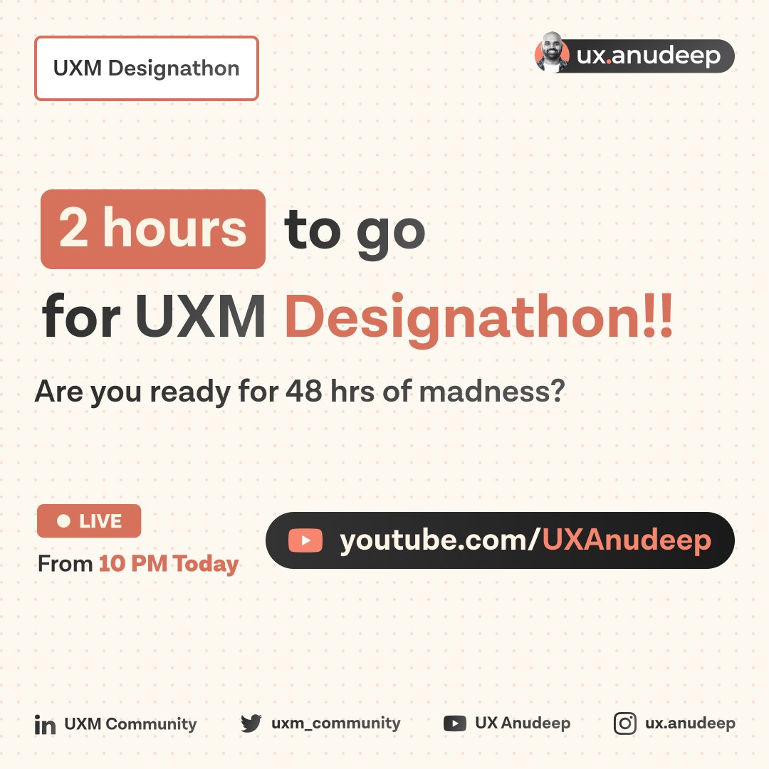 uxm_community's tweet image. 2 hours to go!

Join us live tonight at 10pm on
appopener.com/yt/jumxce08h
You wouldn&apos;t want to miss this opportunity 😍

#uxdesign #uxmcommunity #ux #designathon
@AnudeepAyyagari