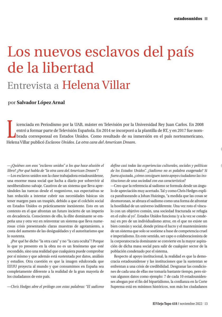 HelenaVillarO's tweet photo. Frente a señalamientos y censura, quienes apuestan por el pensamiento crítico, preguntan. Gracias a la revista @Viejo_Topo por entrevistarme y dedicarle ocho páginas de su número de Noviembre. La publicación completa puede encontrarse en librerías y aquí: https://t.co/zEorK0NsMO https://t.co/BkHlGLdFGV
