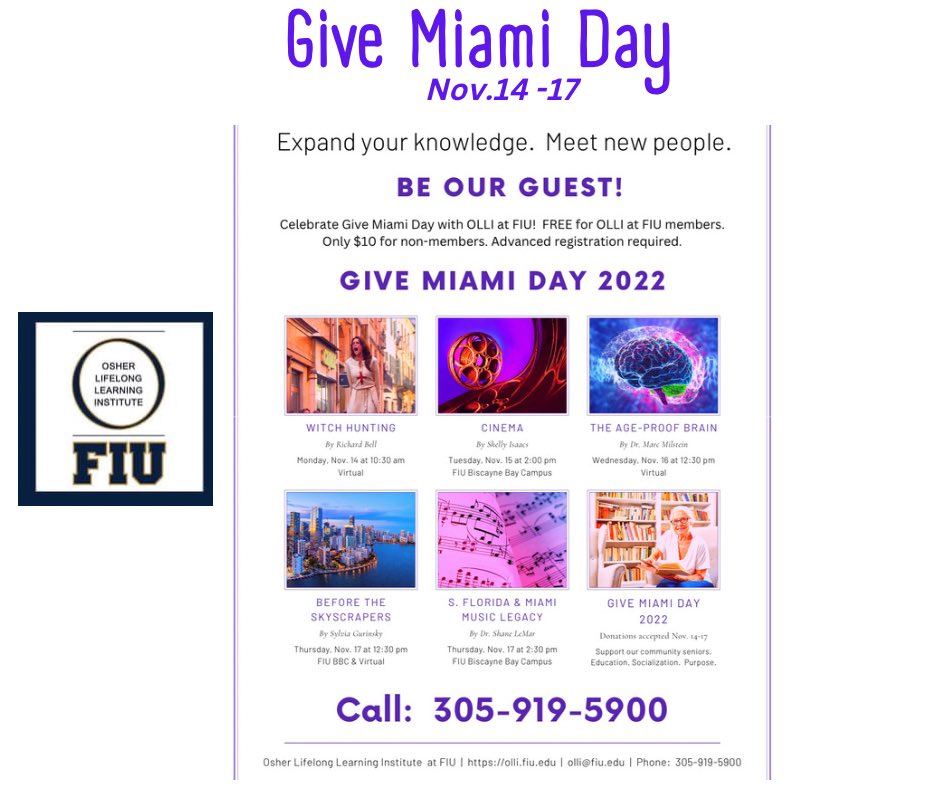 osheratfiu's tweet photo. #GiveMiamiDay We are excited about given back to our members &amp; the community . For information about the lectures listed below go to Link in Bio. 

#GiveMiamiDay #community #lifelonglearning #olliatfiu https://t.co/n4jTs5bF6X