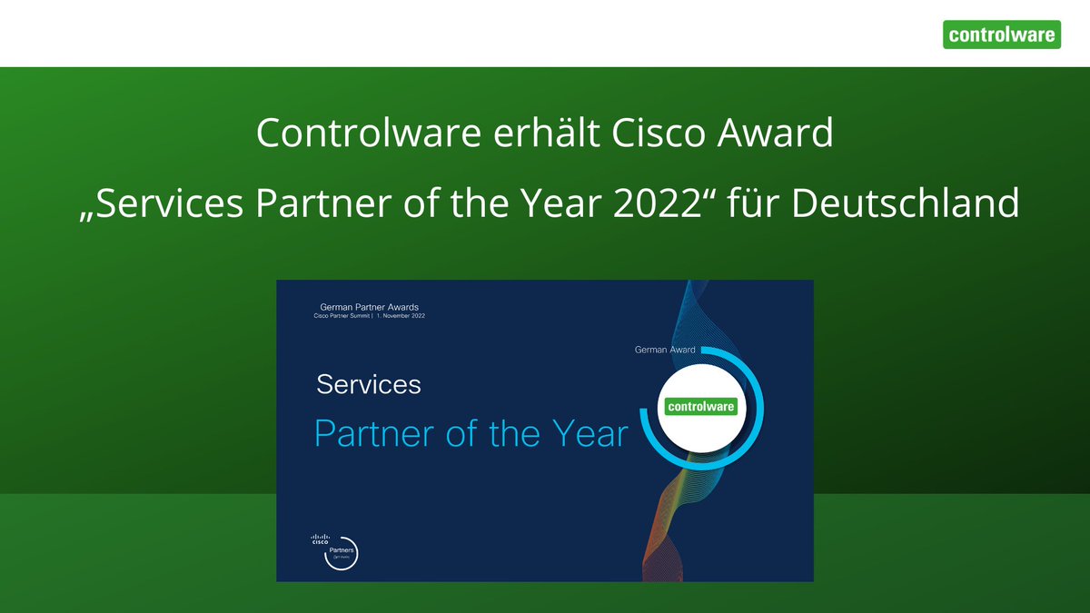 Controlware erhält Cisco Award 2022! 
Bei dem Cisco Partner Summit 2022 haben wir den Award „Services Partner of the Year 2022“ für Deutschland von <a href="/Cisco_Germany/">Cisco Germany</a> verliehen bekommen. Wir freuen uns weiterhin auf eine erfolgreiche Zusammenarbeit. #Controlware #CiscoGermany