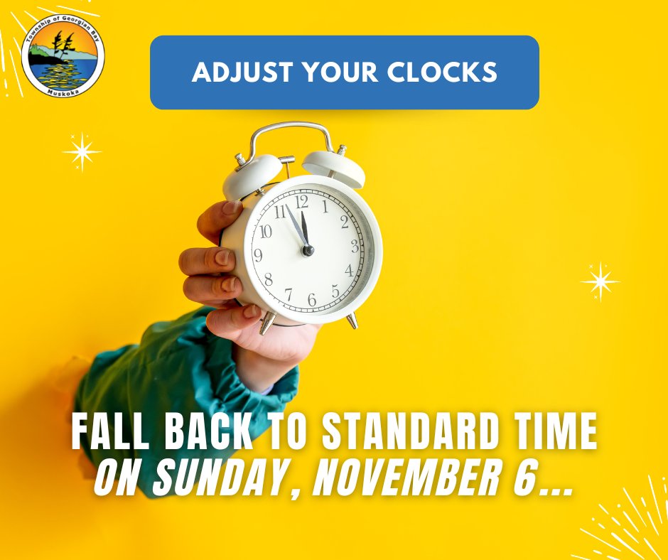 gbtownship's tweet photo. Times are changing... literally.
It's that time of year again where we turn the clocks back one hour as of 2:00 AM on Sunday, November 6.
As you do this remember to also check your batteries in your smoke and CO alarms.
#StaySafeGB #GeorgianBay #GettingThePostRight #GBFire https://t.co/0RwHz1bnku